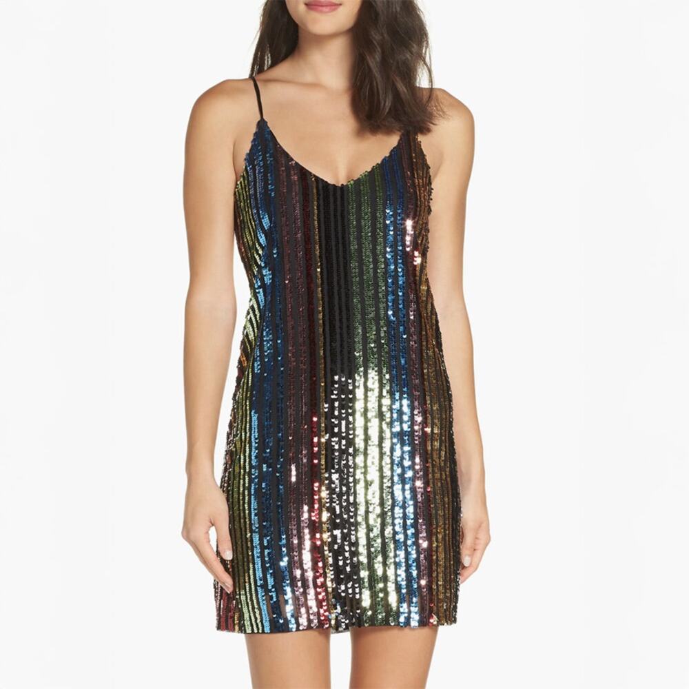 Forest Lily Multicolor Stripe Sequin Mini Party Dress Size M